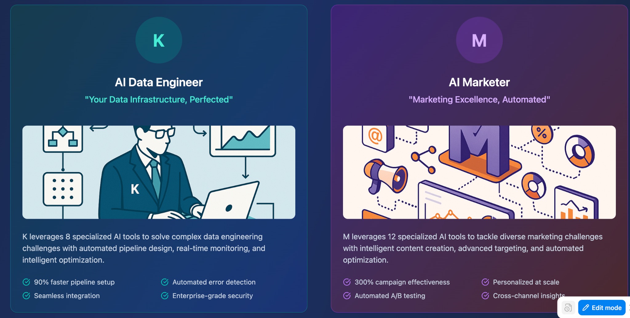 AI Agent K (Data Engineer) and Agent M (Marketer)